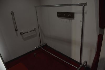 a bathroom with a red carpet and a glass shower door