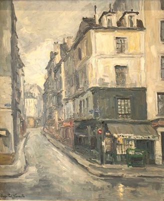 painting of a city street with buildings and shops on both sides