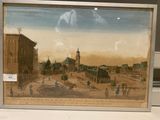 a picture of a picture of a town with a horse drawn carriage