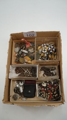 une boîte remplie d'objets divers posée sur une surface blanche
