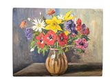 a painting of flowers in a vase on a table