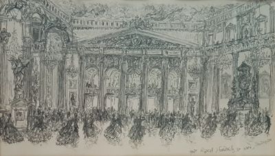 drawing of a drawing of a building with a crowd of people in front of it