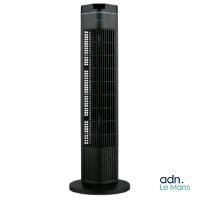 a black tower fan sitting on top of a metal stand