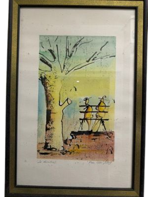 painting of two people sitting at a table under a tree