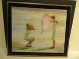 un tableau représentant deux femmes sur la plage avec un foulard rose
