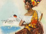 une vieille affiche de voyage française représentant une femme en robe colorée
