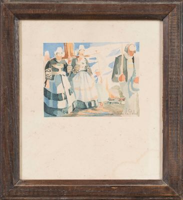 une image représentant un tableau sur lequel figurent un homme et une femme debout devant un bâtiment