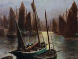 a painting of a boat in the water with other boats in the background