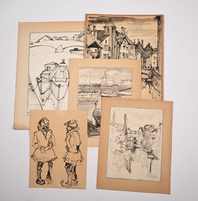 several drawings of people and boats are displayed on a wall