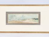 a painting of a beach scene in a wooden frame