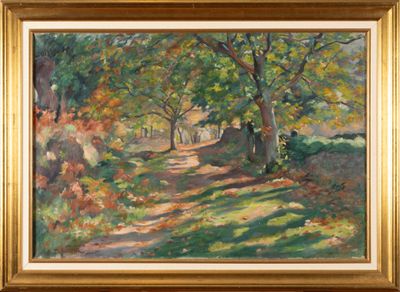 an oil painting of a path in a wooded area with trees