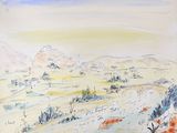 une aquarelle représentant un paysage désertique avec une montagne en arrière-plan