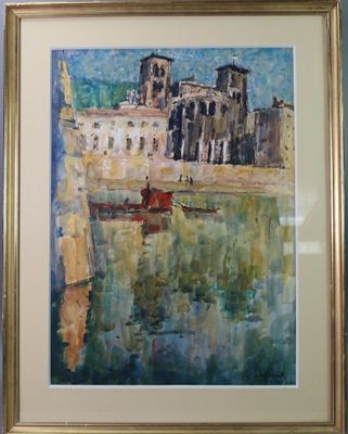 peinture d'un bateau sur un plan d'eau avec un bâtiment en arrière-plan