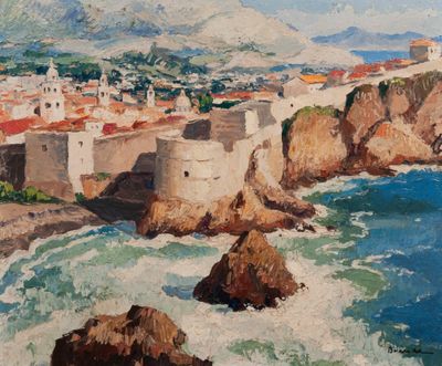an image of a painting of a view of a town from a cliff