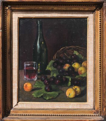 a painting of grapes, apples, and a bottle of wine on a table