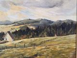 an oil painting of a farm scene with a white house in the distance
