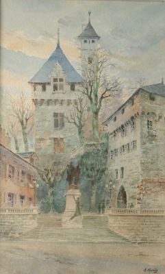 un tableau représentant un bâtiment surmonté d'une tour horloge