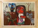 a painting of a woman and a cat in a room