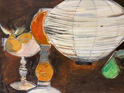 un tableau représentant un bol de fruits et un verre de vin posés sur une table