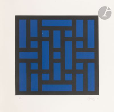 a blue and black painting with squares in the middle of it