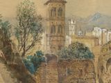 a painting of a castle on a hill with a waterfall in the foreground
