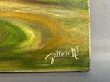 an oil painting of a green field with trees in the background