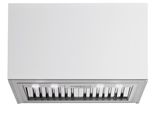 a close up of a white stove hood with a light on it