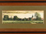 une peinture à l'huile d'un paysage avec une église au loin