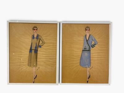 deux tableaux représentant une femme en robe bleue et un homme en costume marron