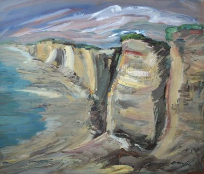 une peinture à l'huile représentant une falaise surplombant un plan d'eau