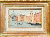 a painting of a gondola on the water with buildings in the background