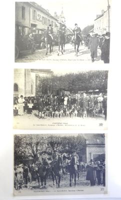 three black and white photos of horses and people in a town
