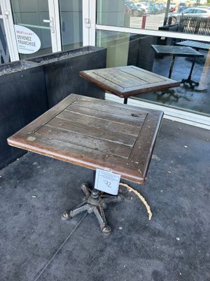 two tables on the sidewalk outside of a restaurant