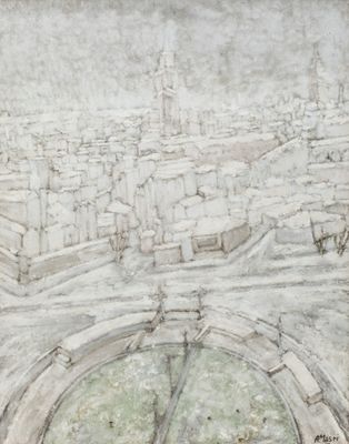 dessin représentant une vue de ville avec une tour horloge au loin