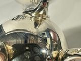a person holding a silver tea pot in their hand