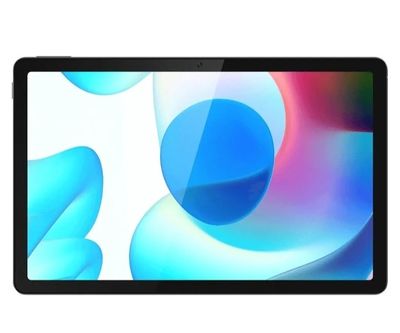 une tablette posée sur une surface blanche