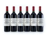 six bottles of red wine lined up in a row