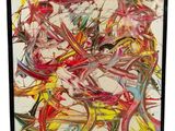an abstract painting with multiple colors of paint on a white background