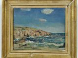 an oil painting of a rocky coast with a blue sky in the background