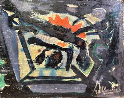 une peinture représentant un vase avec des fleurs sur une table