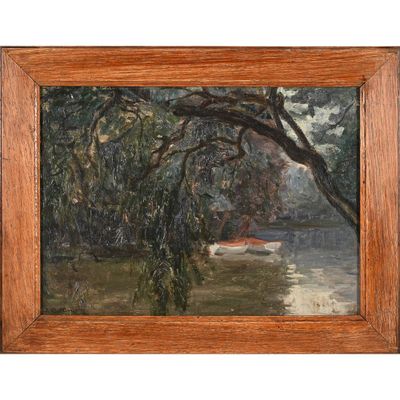 une peinture à l'huile représentant un bateau sur une rivière avec des arbres en arrière-plan