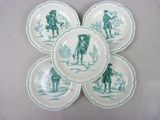 six green and white plates with a picture of a man carrying a basket