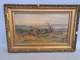 un tableau représentant un paysage avec une ferme au loin