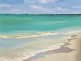 an oil painting of a beach scene with turquoise water and white sand