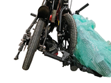 a motorcycle with a bag attached to the back of it