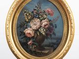 peinture représentant un vase de fleurs posé sur un socle, sur fond blanc