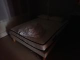 a cat sleeping on a mattress in a dark room