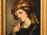a painting of a woman in a turban with a finger on her lips