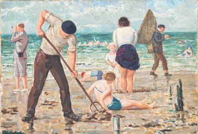 a painting of people on the beach playing in the sand