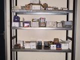 a shelf with many items on it in a room